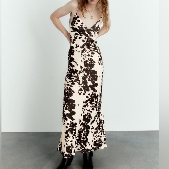 Zara Dresses & Skirts - Zara Cow Print Satin Effect Slip Midi Dress